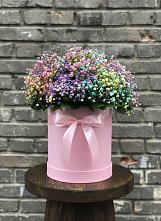 Цветочная композиция из Гипсофила и Розы в шляпной коробке в Малышева