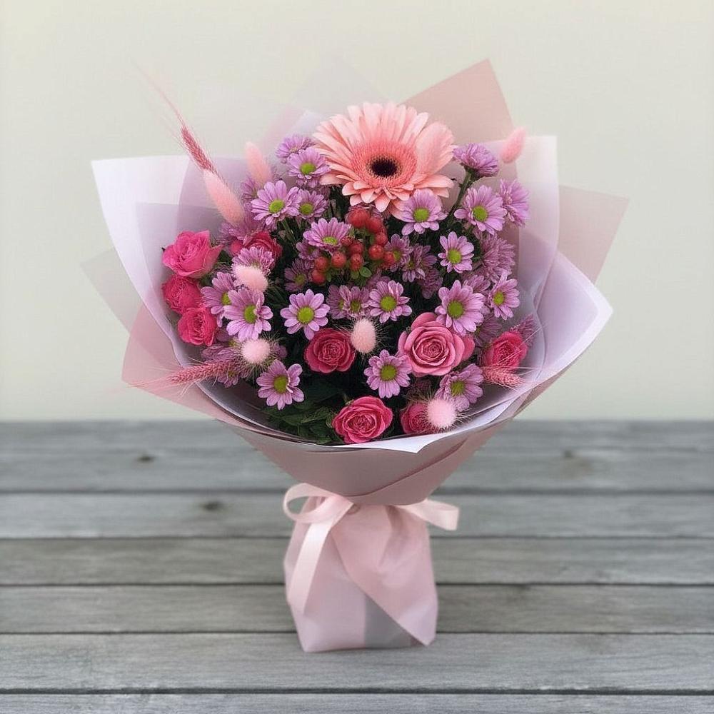 Букет цветов из: Розы, Герберы и Хризантемы в Малышева